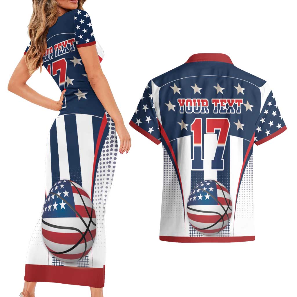 Custom United States Basketball Couples Matching Short Sleeve Bodycon Dress and Hawaiian Shirt USA Eagle Mascot Style