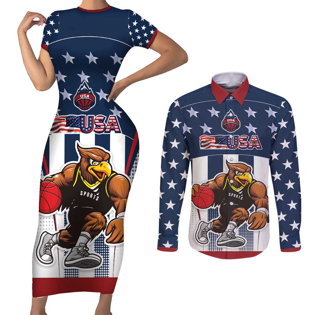 Custom United States Basketball Couples Matching Short Sleeve Bodycon Dress and Long Sleeve Button Shirt USA Eagle Mascot Style