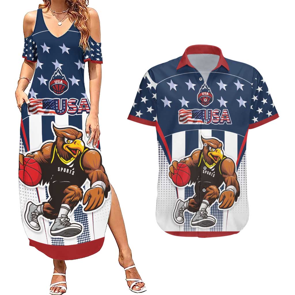 Custom United States Basketball Couples Matching Summer Maxi Dress and Hawaiian Shirt USA Eagle Mascot Style