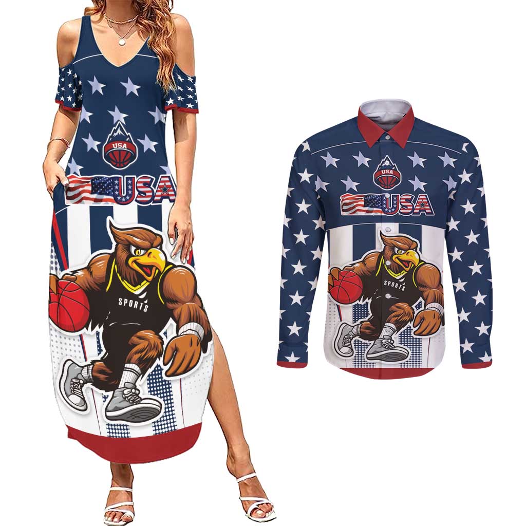 Custom United States Basketball Couples Matching Summer Maxi Dress and Long Sleeve Button Shirt USA Eagle Mascot Style