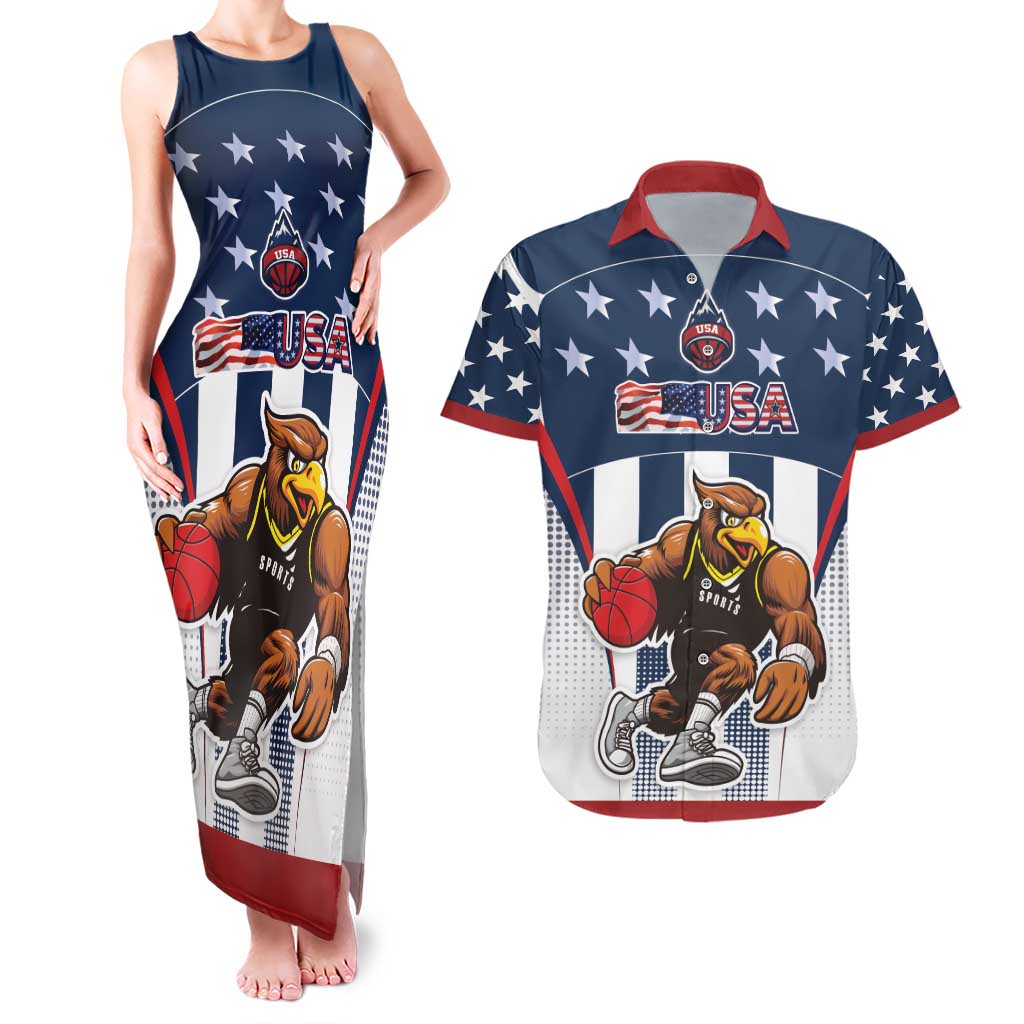 Custom United States Basketball Couples Matching Tank Maxi Dress and Hawaiian Shirt USA Eagle Mascot Style