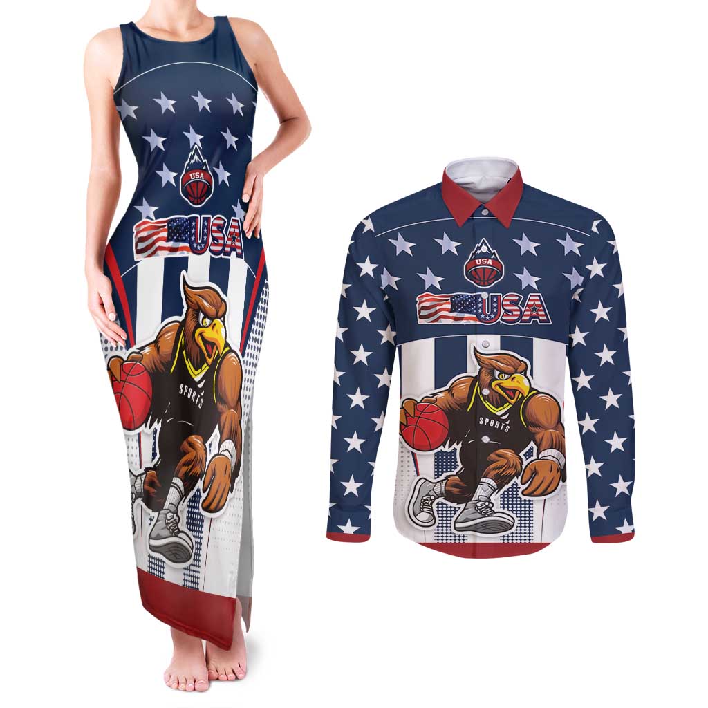 Custom United States Basketball Couples Matching Tank Maxi Dress and Long Sleeve Button Shirt USA Eagle Mascot Style