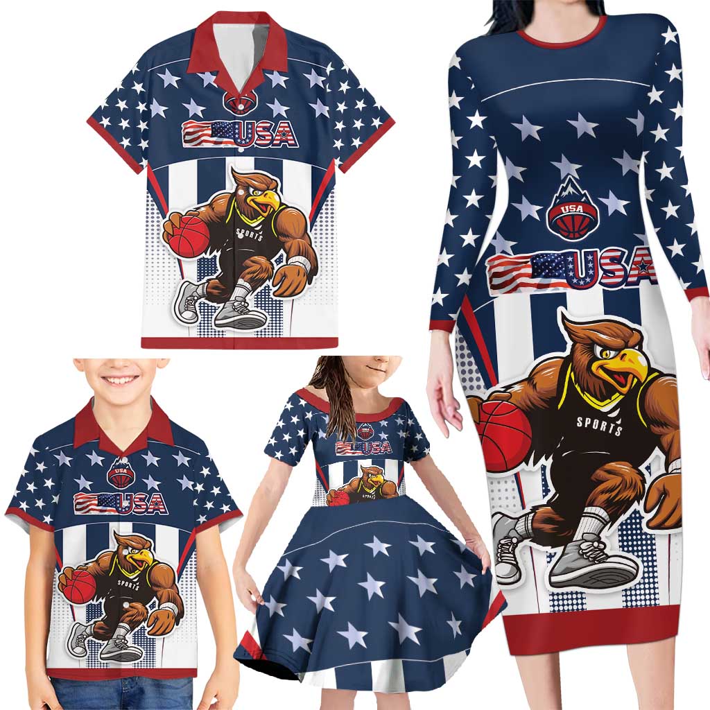Custom United States Basketball Family Matching Long Sleeve Bodycon Dress and Hawaiian Shirt USA Eagle Mascot Style