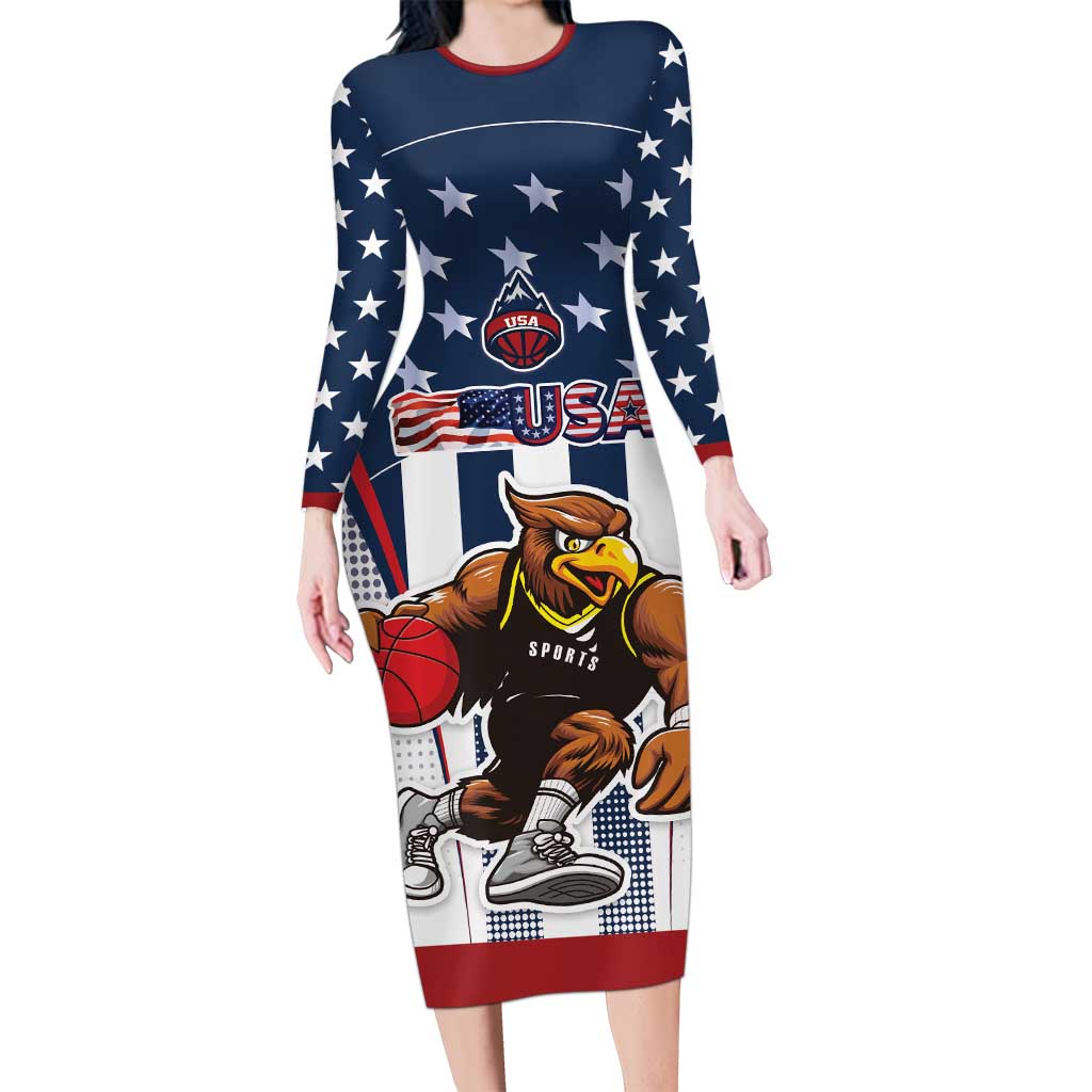 Custom United States Basketball Family Matching Long Sleeve Bodycon Dress and Hawaiian Shirt USA Eagle Mascot Style