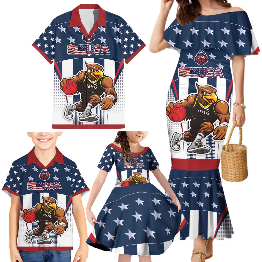 Custom United States Basketball Family Matching Mermaid Dress and Hawaiian Shirt USA Eagle Mascot Style