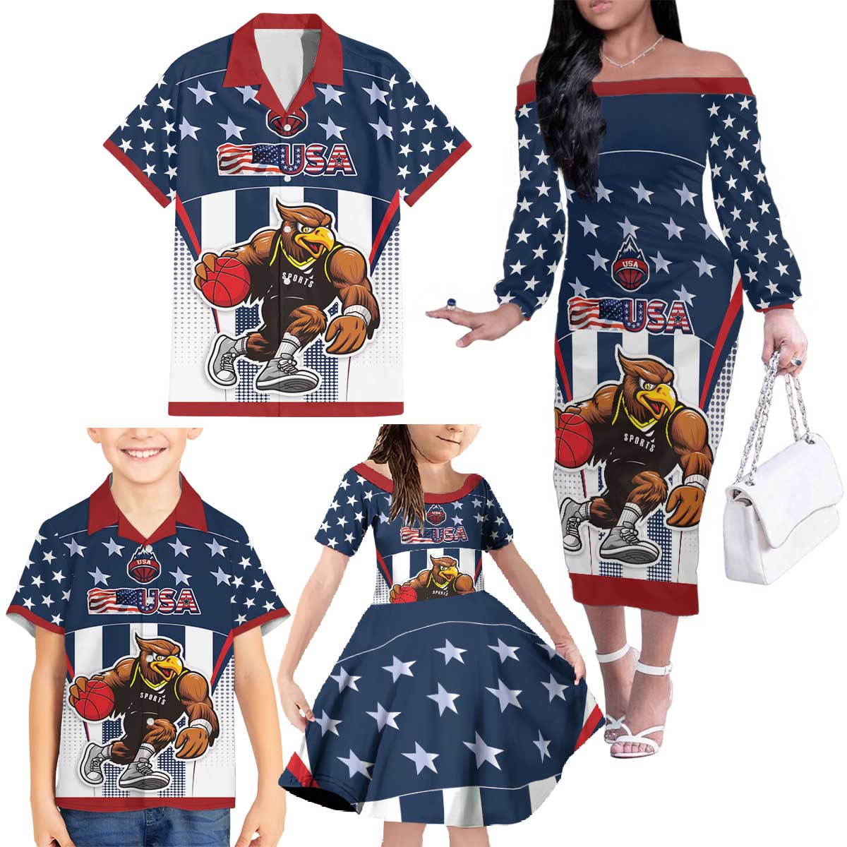 Custom United States Basketball Family Matching Off The Shoulder Long Sleeve Dress and Hawaiian Shirt USA Eagle Mascot Style