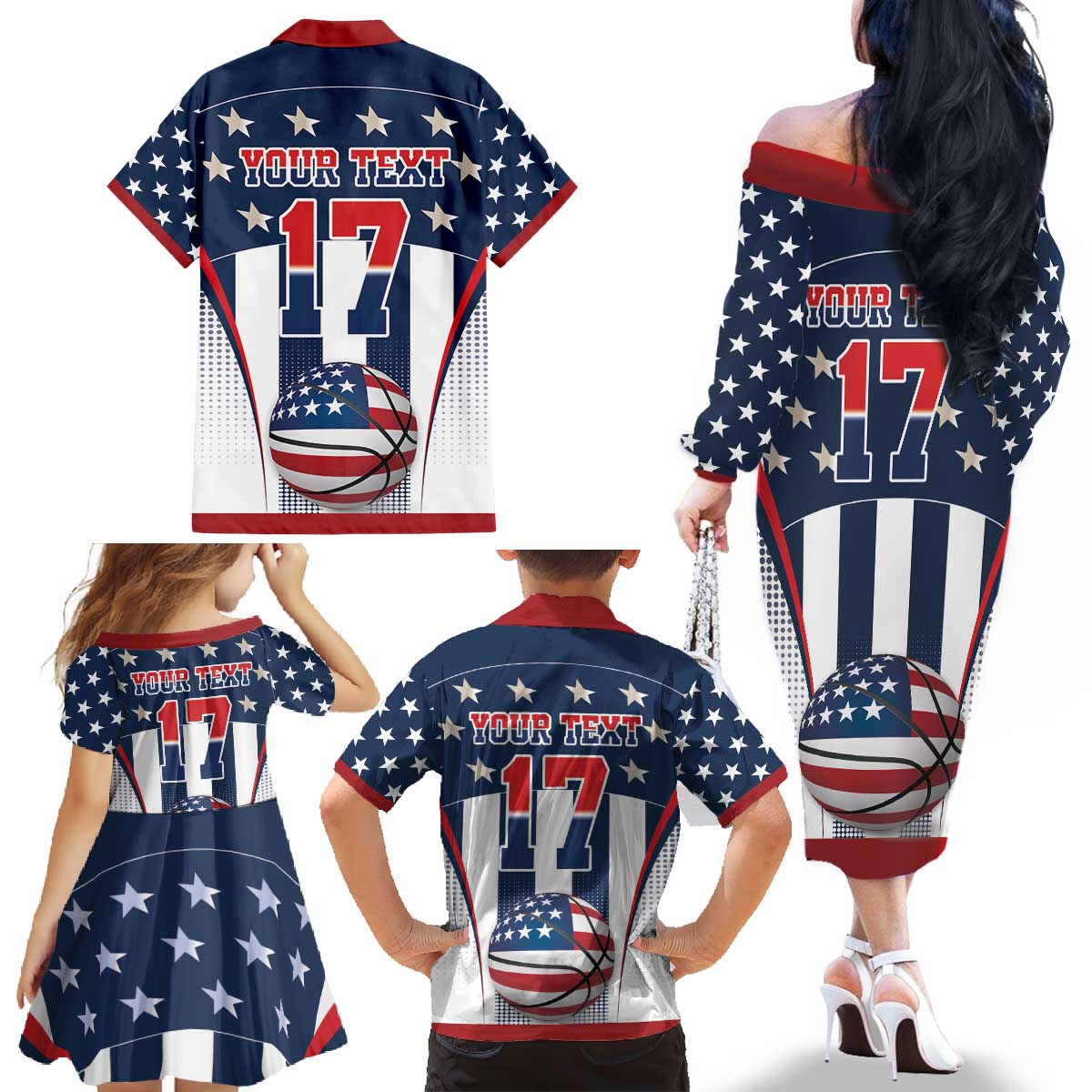 Custom United States Basketball Family Matching Off The Shoulder Long Sleeve Dress and Hawaiian Shirt USA Eagle Mascot Style