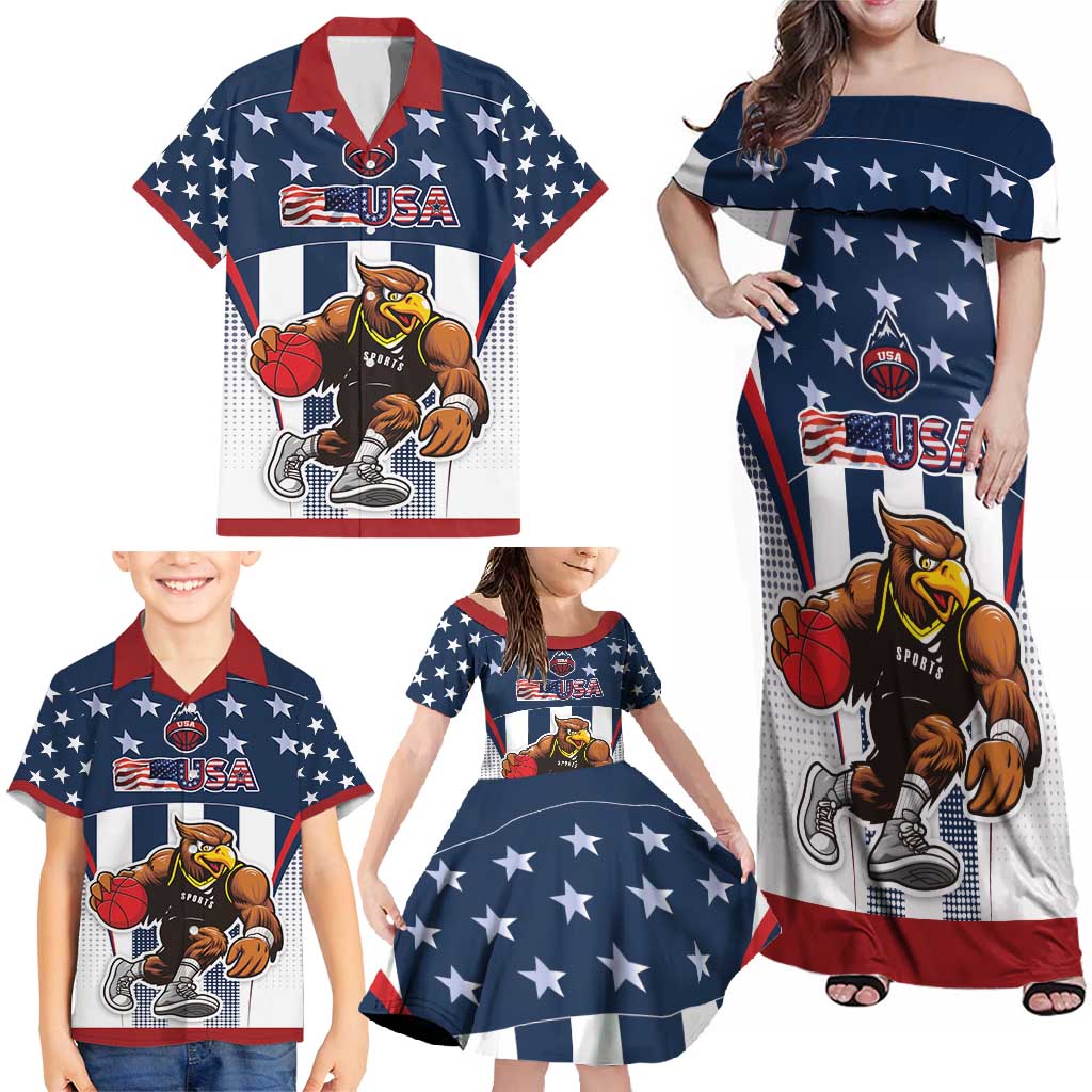 Custom United States Basketball Family Matching Off Shoulder Maxi Dress and Hawaiian Shirt USA Eagle Mascot Style