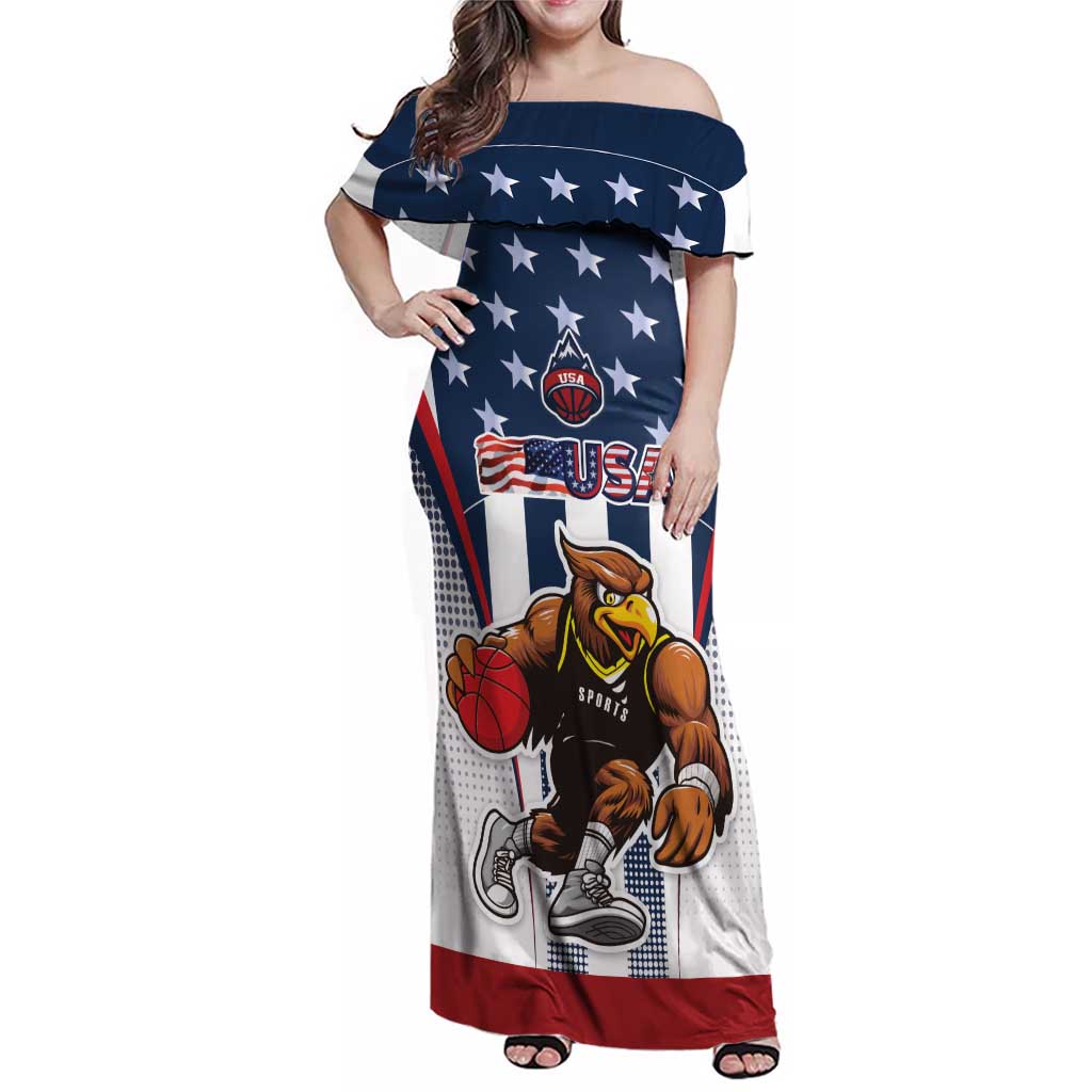 Custom United States Basketball Family Matching Off Shoulder Maxi Dress and Hawaiian Shirt USA Eagle Mascot Style