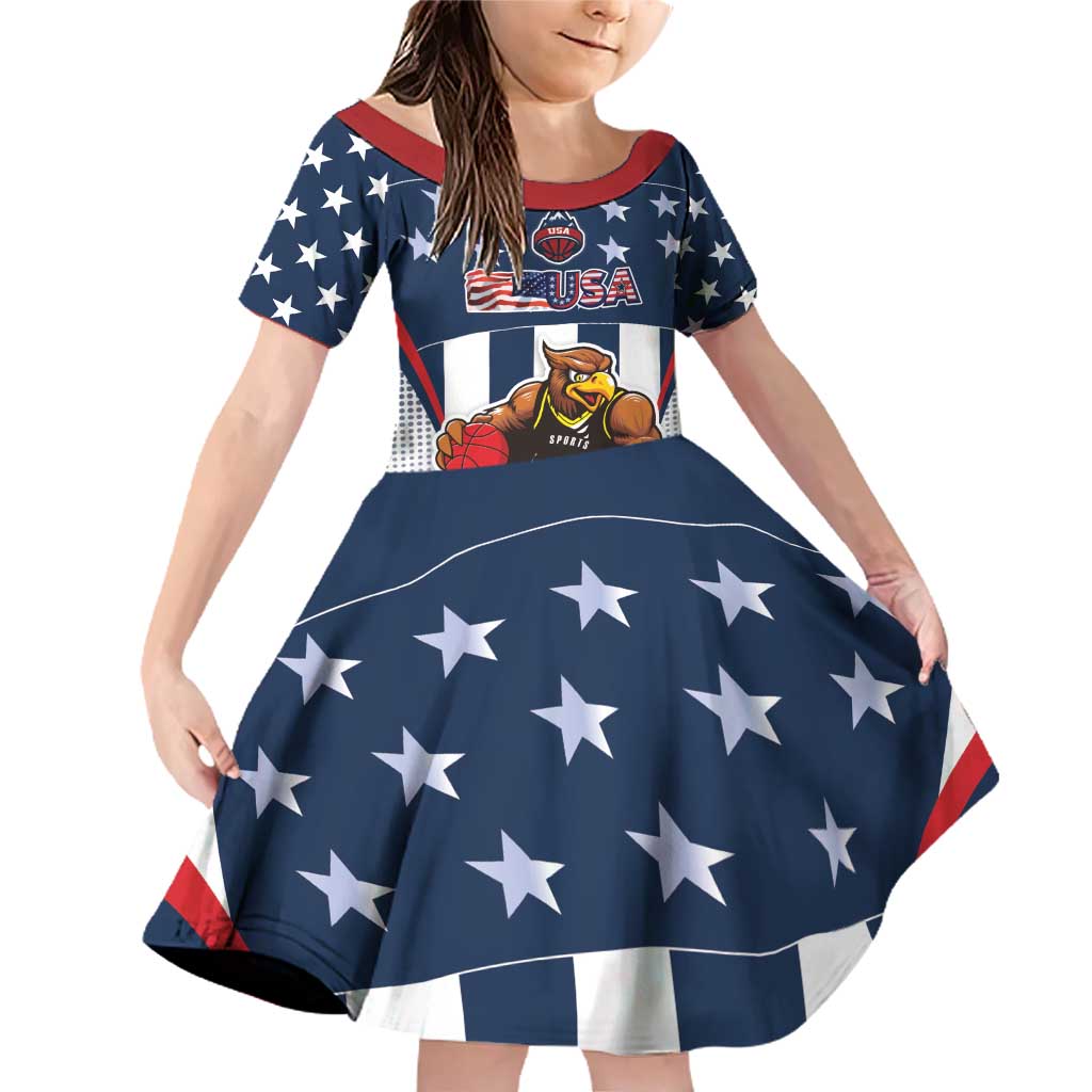 Custom United States Basketball Family Matching Off Shoulder Short Dress and Hawaiian Shirt USA Eagle Mascot Style