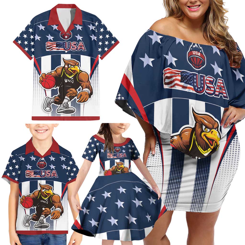 Custom United States Basketball Family Matching Off Shoulder Short Dress and Hawaiian Shirt USA Eagle Mascot Style