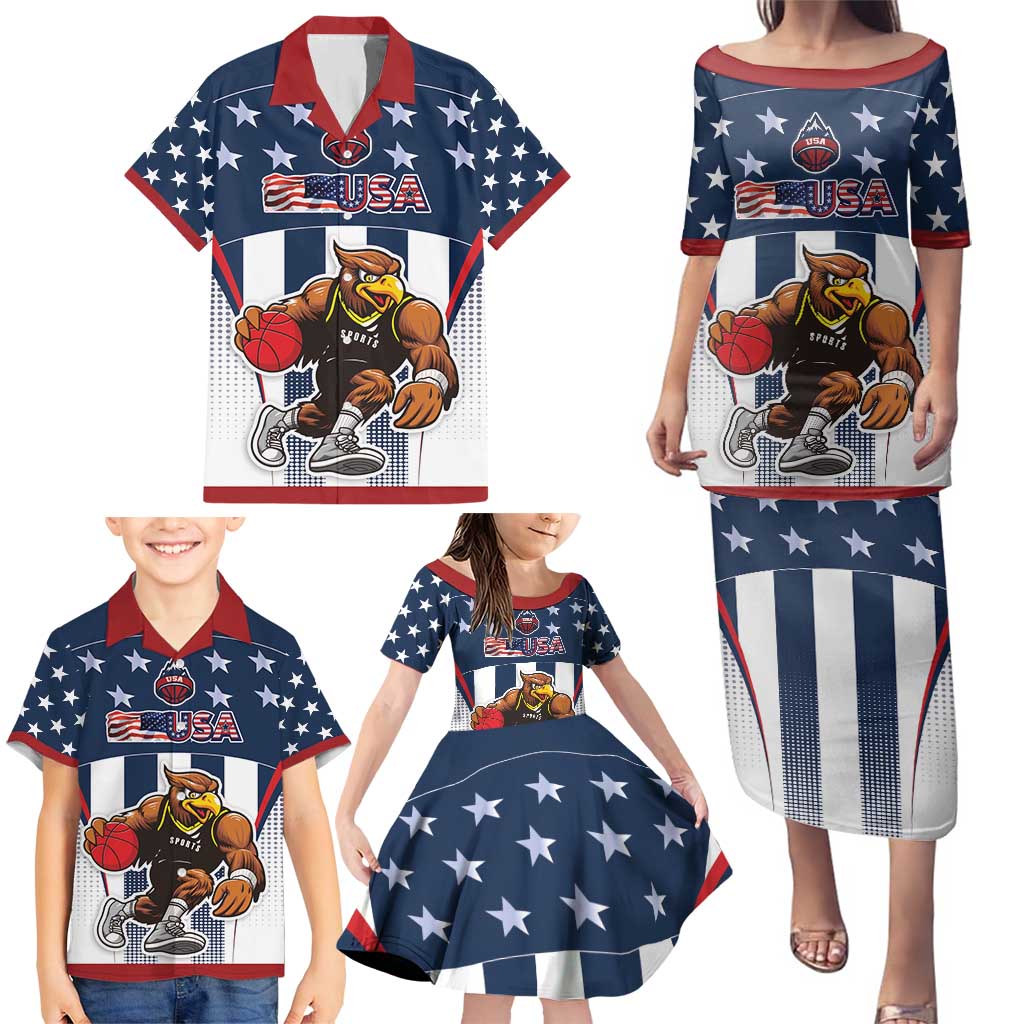 Custom United States Basketball Family Matching Puletasi and Hawaiian Shirt USA Eagle Mascot Style