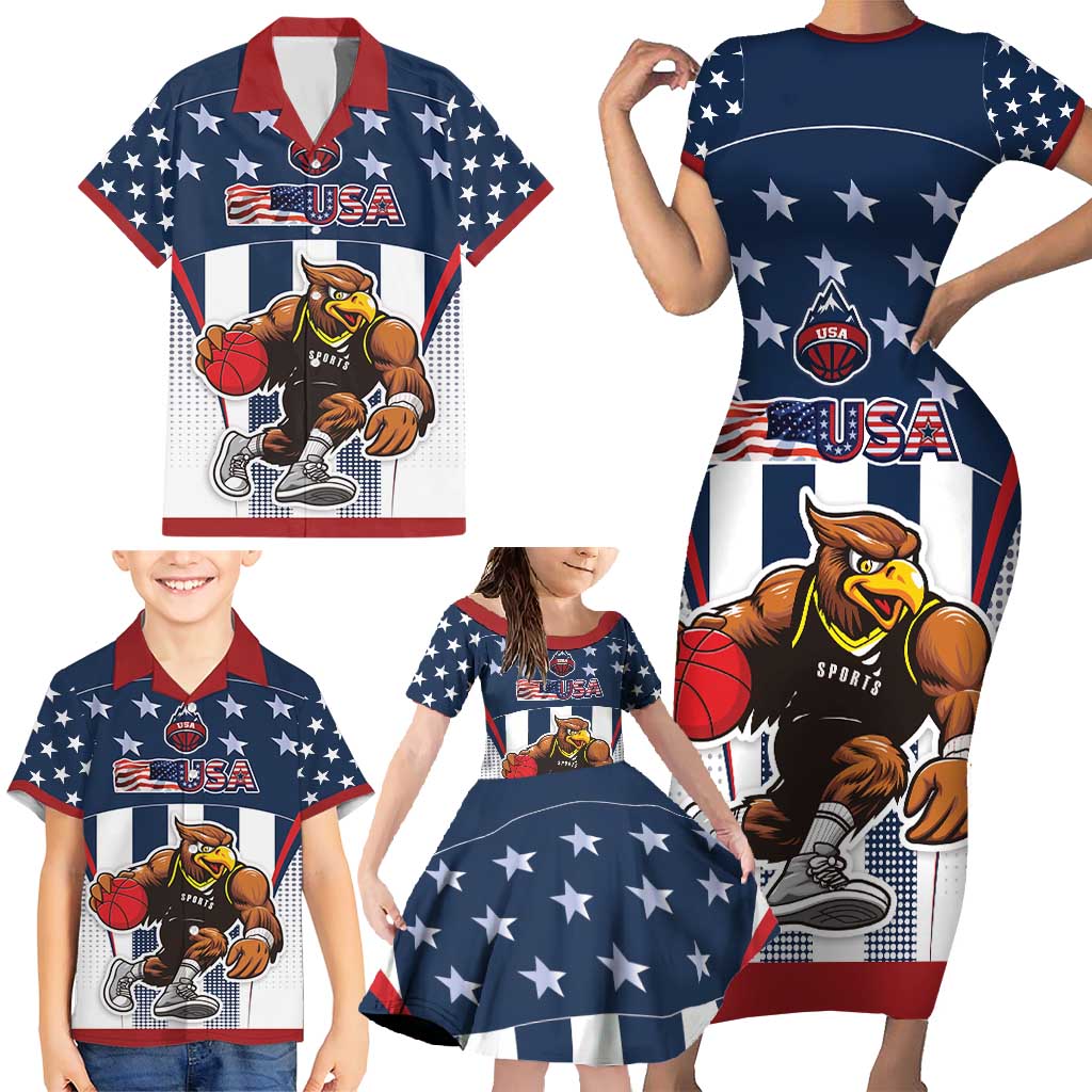 Custom United States Basketball Family Matching Short Sleeve Bodycon Dress and Hawaiian Shirt USA Eagle Mascot Style