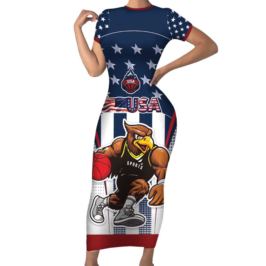 Custom United States Basketball Family Matching Short Sleeve Bodycon Dress and Hawaiian Shirt USA Eagle Mascot Style