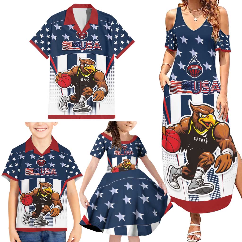 Custom United States Basketball Family Matching Summer Maxi Dress and Hawaiian Shirt USA Eagle Mascot Style