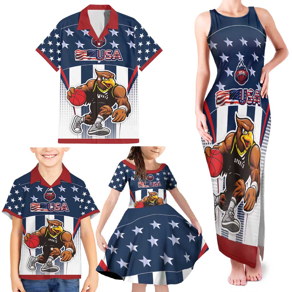 Custom United States Basketball Family Matching Tank Maxi Dress and Hawaiian Shirt USA Eagle Mascot Style