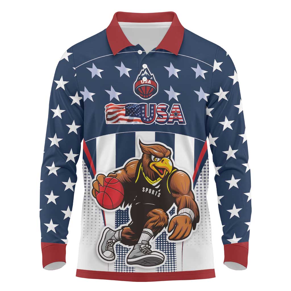 Custom United States Basketball Long Sleeve Polo Shirt USA Eagle Mascot Style