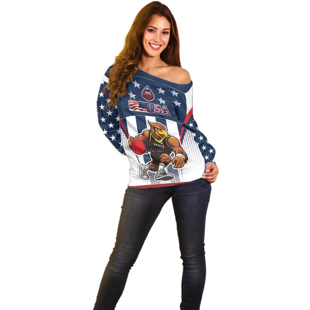 Custom United States Basketball Off Shoulder Sweater USA Eagle Mascot Style