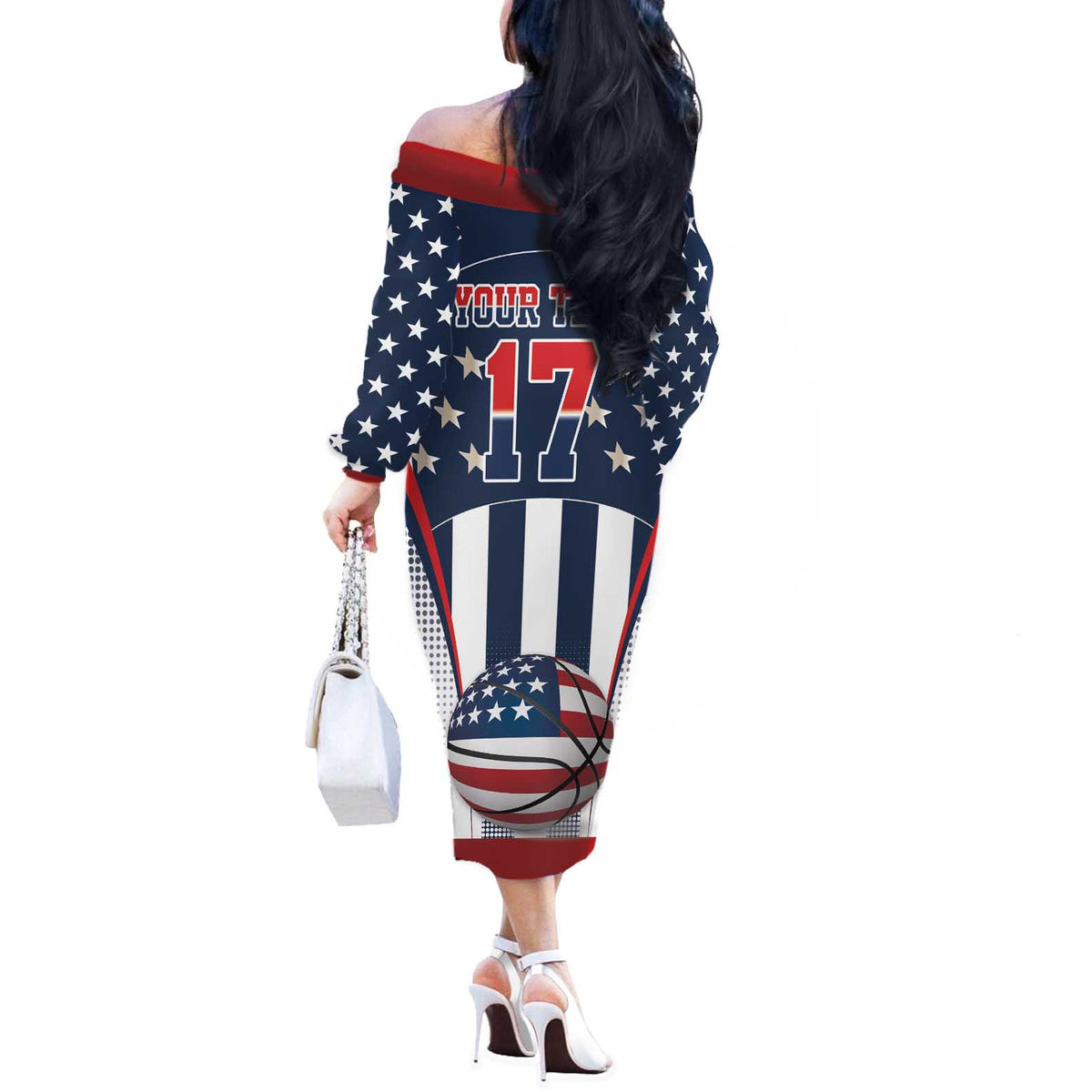 Custom United States Basketball Off The Shoulder Long Sleeve Dress USA Eagle Mascot Style