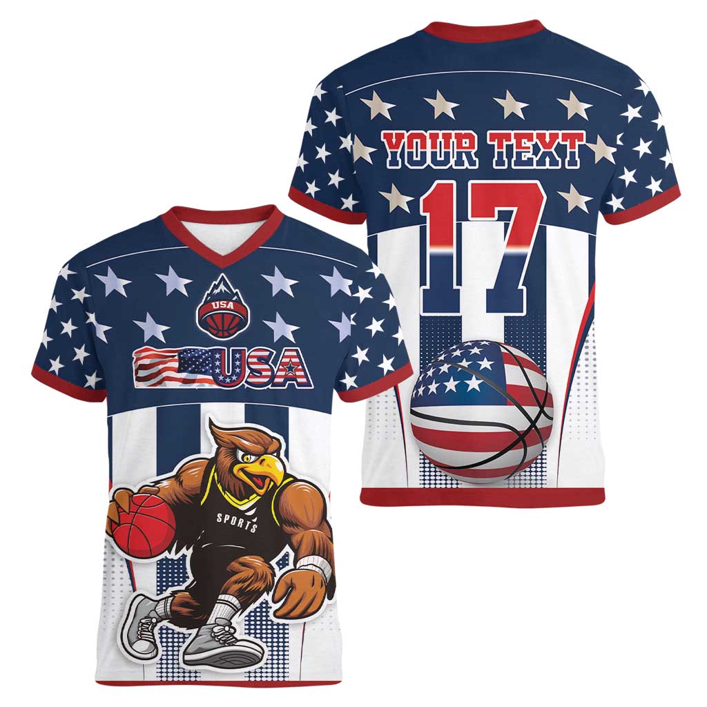 Custom United States Basketball Women V-Neck T-Shirt USA Eagle Mascot Style
