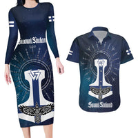 Personalized Finland Drakkar Vikings Couples Matching Long Sleeve Bodycon Dress and Hawaiian Shirt Suomi Flag Viking Thor Runes