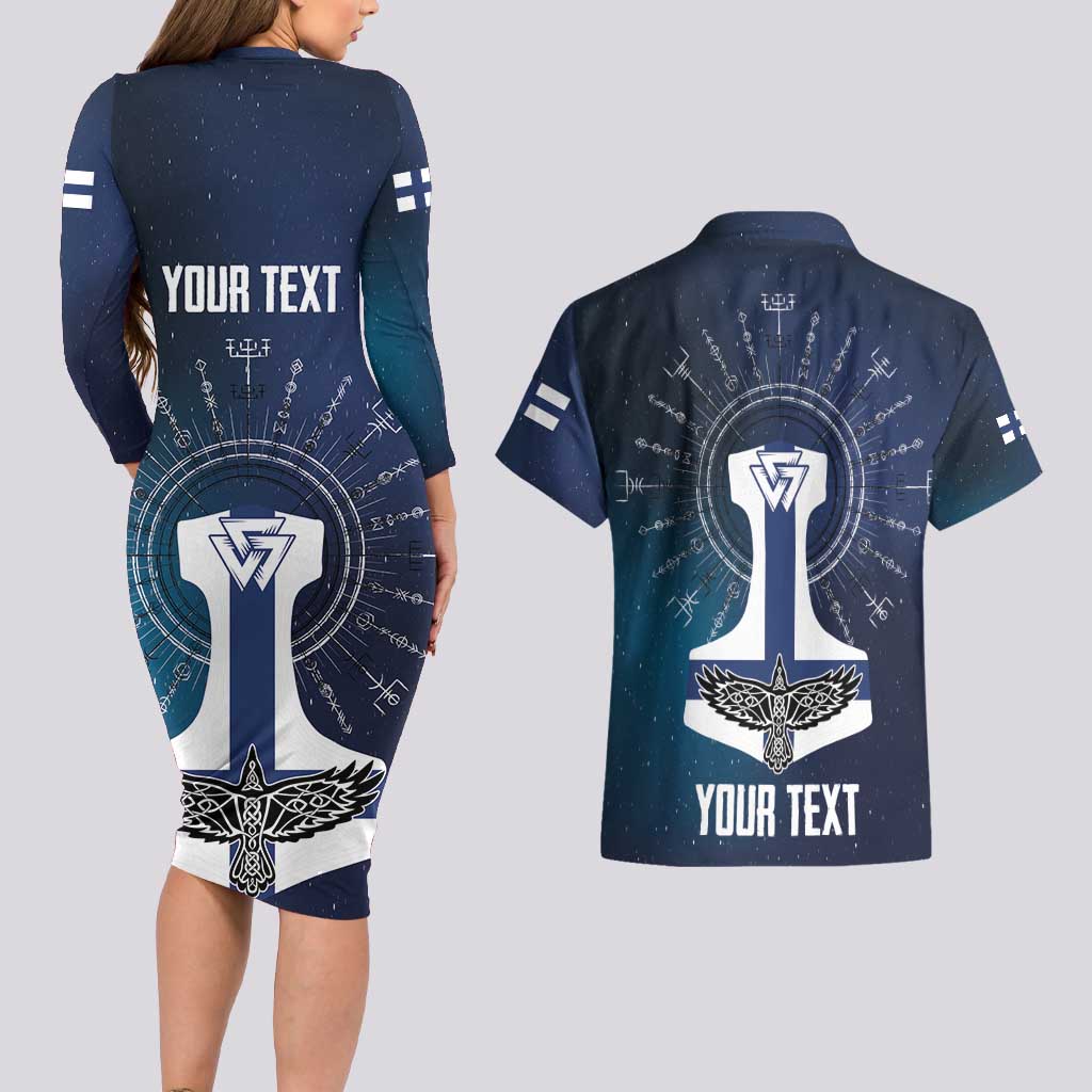 Personalized Finland Drakkar Vikings Couples Matching Long Sleeve Bodycon Dress and Hawaiian Shirt Suomi Flag Viking Thor Runes
