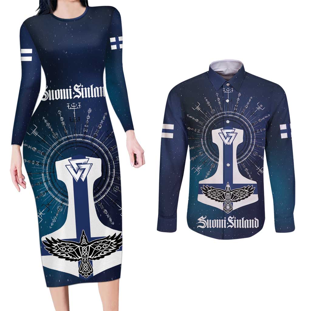 Personalized Finland Drakkar Vikings Couples Matching Long Sleeve Bodycon Dress and Long Sleeve Button Shirt Suomi Flag Viking Thor Runes