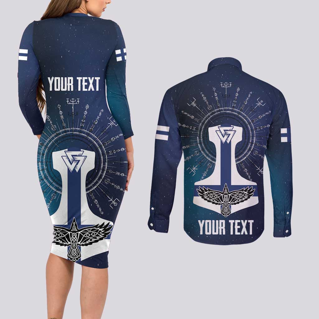 Personalized Finland Drakkar Vikings Couples Matching Long Sleeve Bodycon Dress and Long Sleeve Button Shirt Suomi Flag Viking Thor Runes