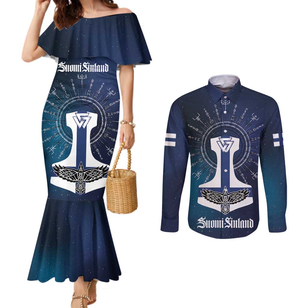 Personalized Finland Drakkar Vikings Couples Matching Mermaid Dress and Long Sleeve Button Shirt Suomi Flag Viking Thor Runes