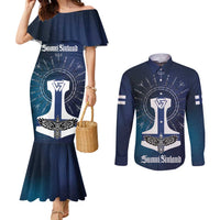 Personalized Finland Drakkar Vikings Couples Matching Mermaid Dress and Long Sleeve Button Shirt Suomi Flag Viking Thor Runes