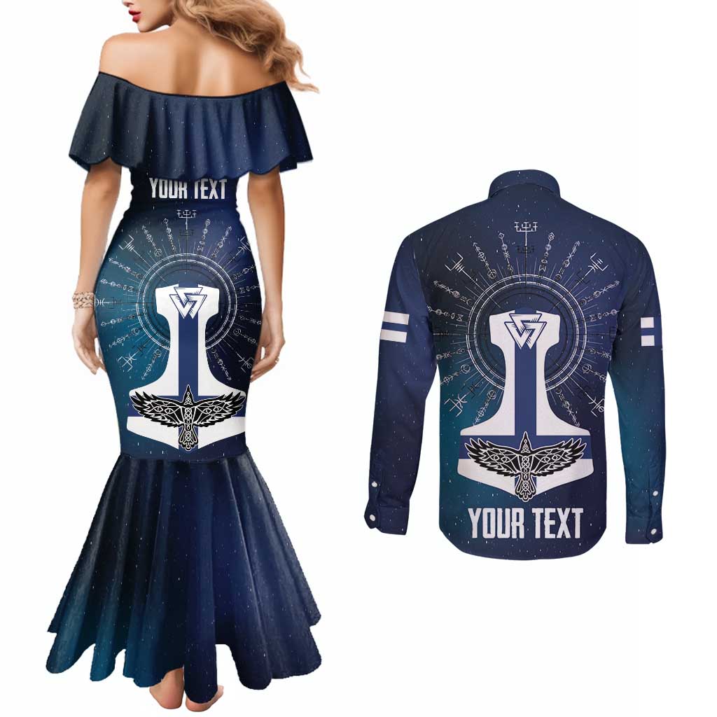 Personalized Finland Drakkar Vikings Couples Matching Mermaid Dress and Long Sleeve Button Shirt Suomi Flag Viking Thor Runes