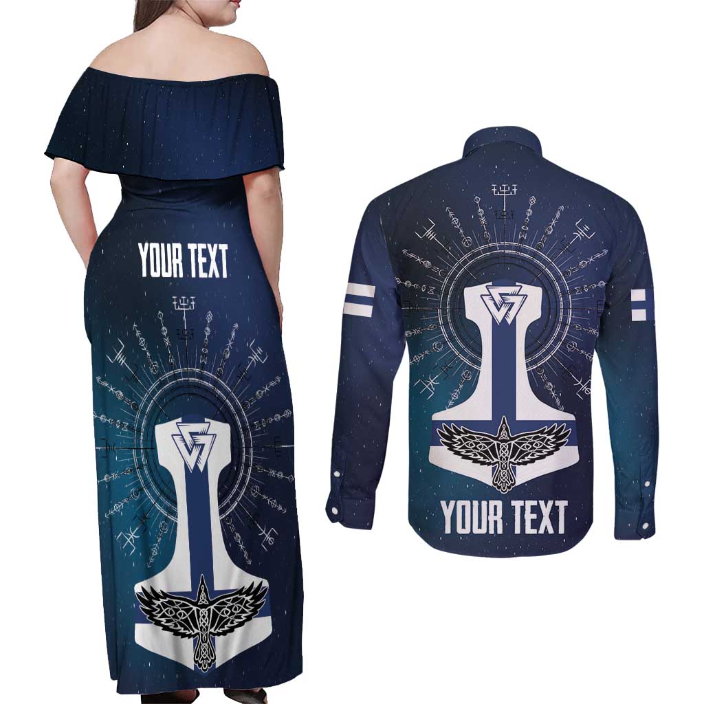 Personalized Finland Drakkar Vikings Couples Matching Off Shoulder Maxi Dress and Long Sleeve Button Shirt Suomi Flag Viking Thor Runes