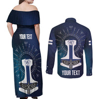 Personalized Finland Drakkar Vikings Couples Matching Off Shoulder Maxi Dress and Long Sleeve Button Shirt Suomi Flag Viking Thor Runes