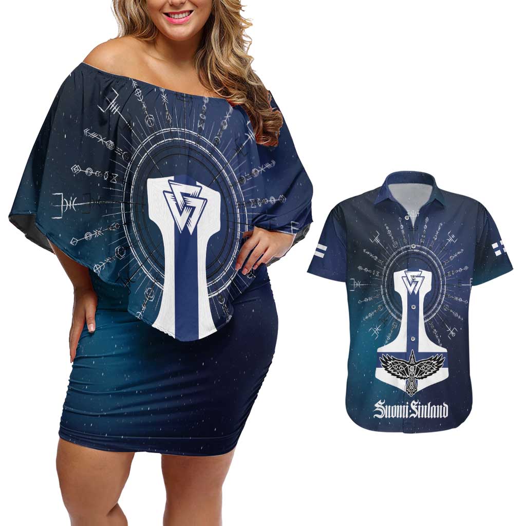 Personalized Finland Drakkar Vikings Couples Matching Off Shoulder Short Dress and Hawaiian Shirt Suomi Flag Viking Thor Runes