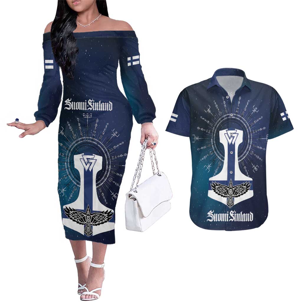 Personalized Finland Drakkar Vikings Couples Matching Off The Shoulder Long Sleeve Dress and Hawaiian Shirt Suomi Flag Viking Thor Runes