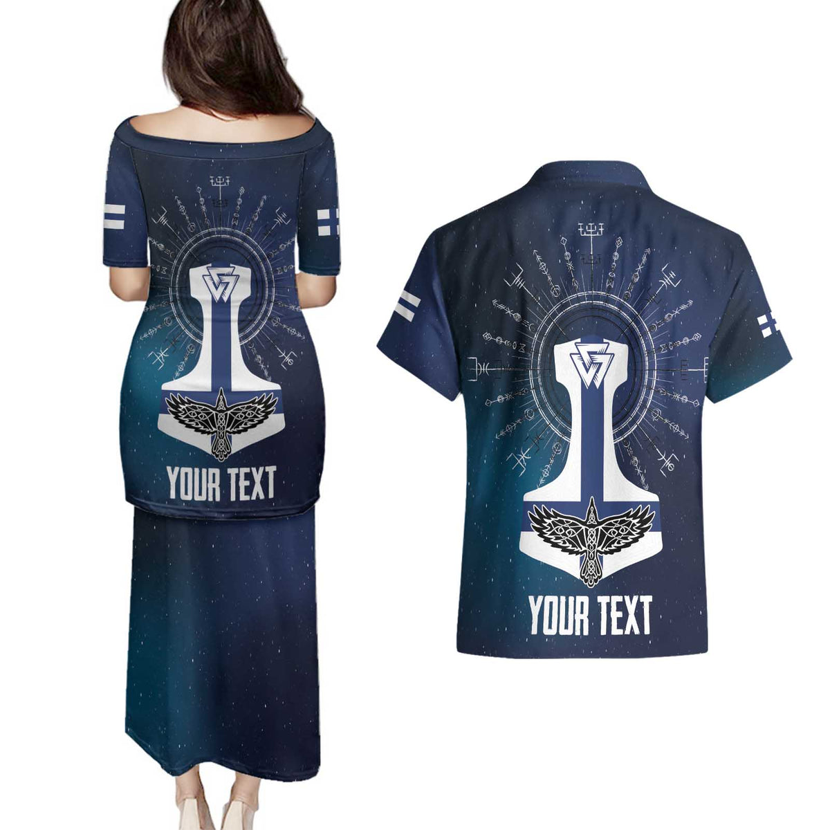 Personalized Finland Drakkar Vikings Couples Matching Puletasi and Hawaiian Shirt Suomi Flag Viking Thor Runes