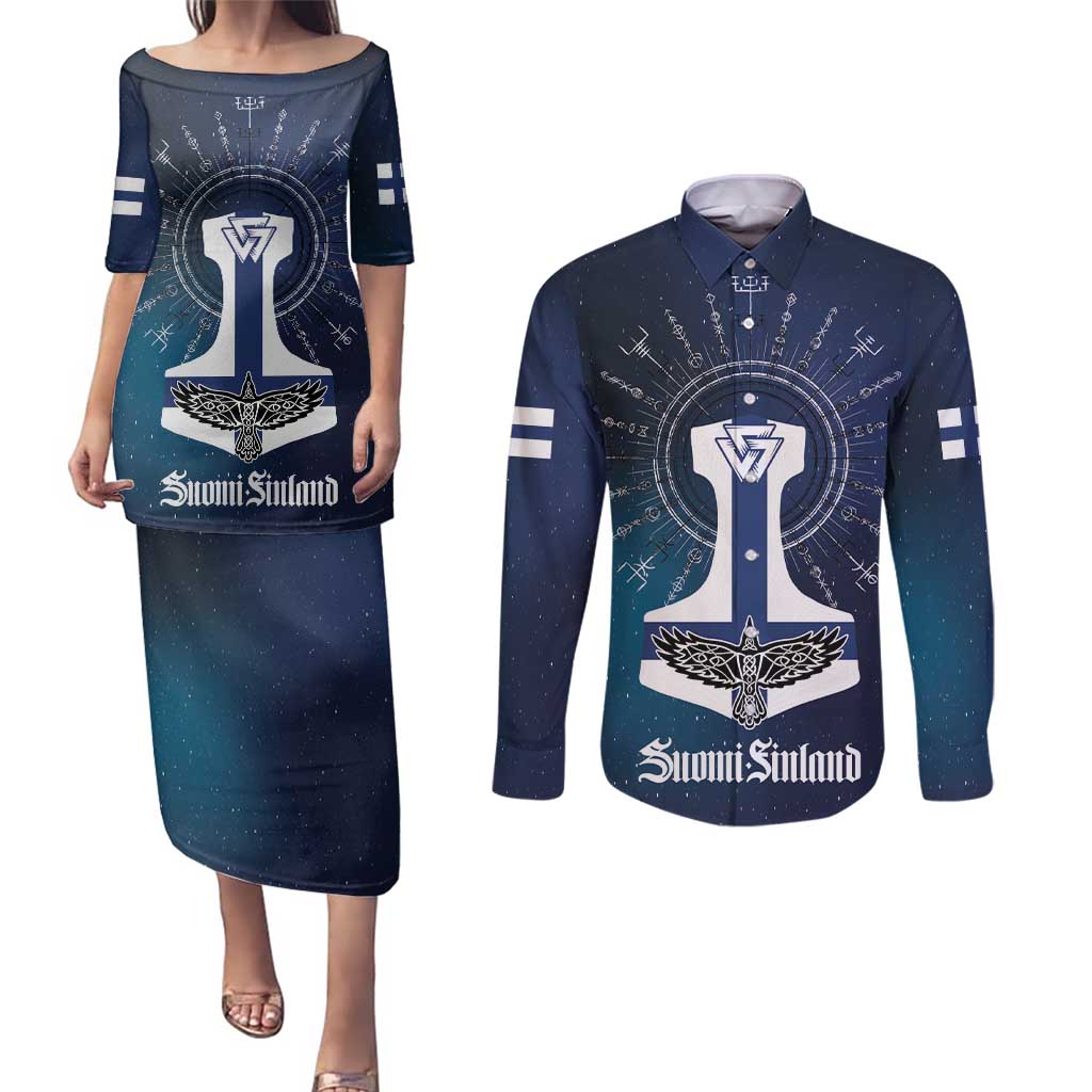 Personalized Finland Drakkar Vikings Couples Matching Puletasi and Long Sleeve Button Shirt Suomi Flag Viking Thor Runes
