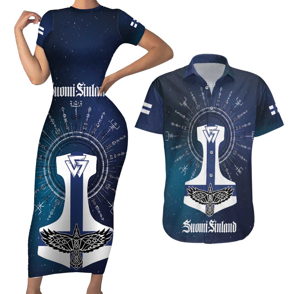Personalized Finland Drakkar Vikings Couples Matching Short Sleeve Bodycon Dress and Hawaiian Shirt Suomi Flag Viking Thor Runes