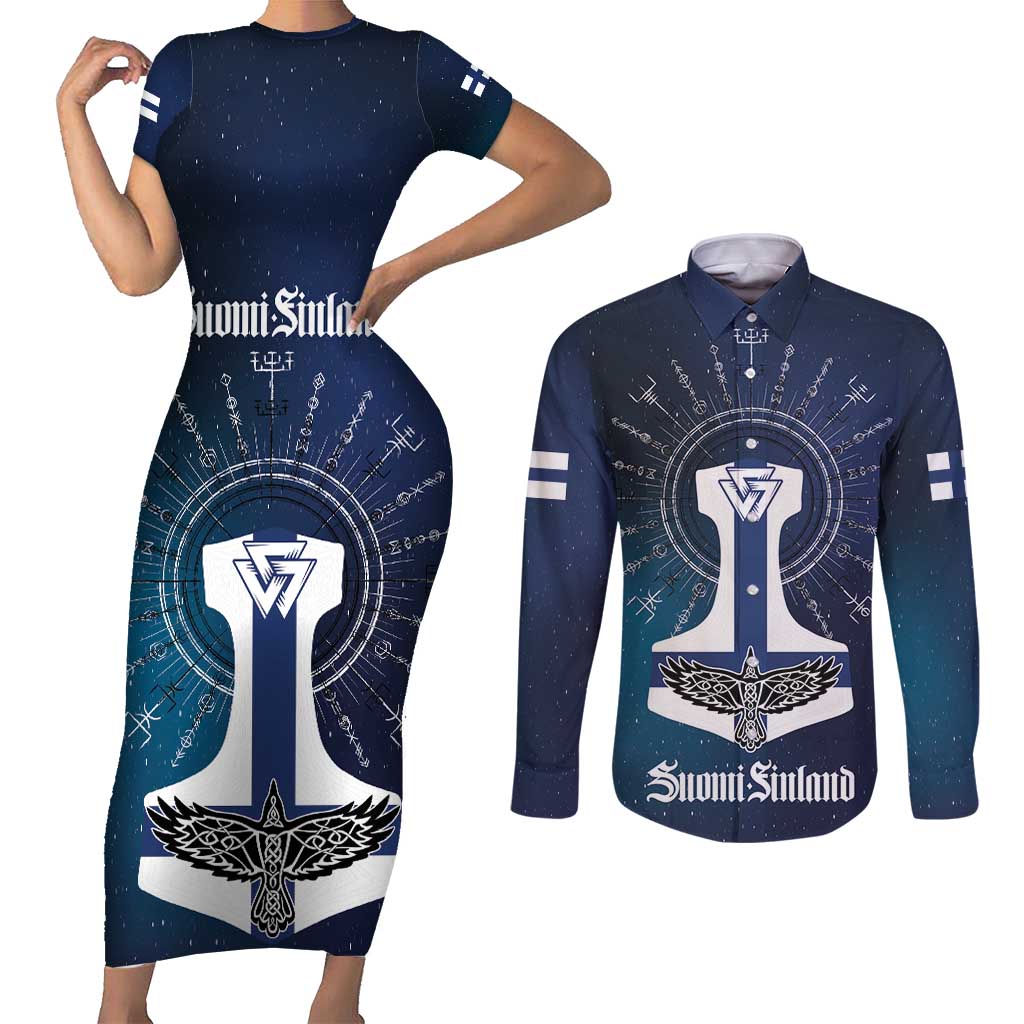 Personalized Finland Drakkar Vikings Couples Matching Short Sleeve Bodycon Dress and Long Sleeve Button Shirt Suomi Flag Viking Thor Runes