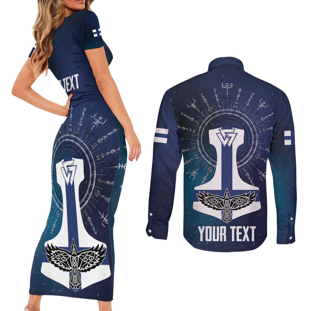 Personalized Finland Drakkar Vikings Couples Matching Short Sleeve Bodycon Dress and Long Sleeve Button Shirt Suomi Flag Viking Thor Runes