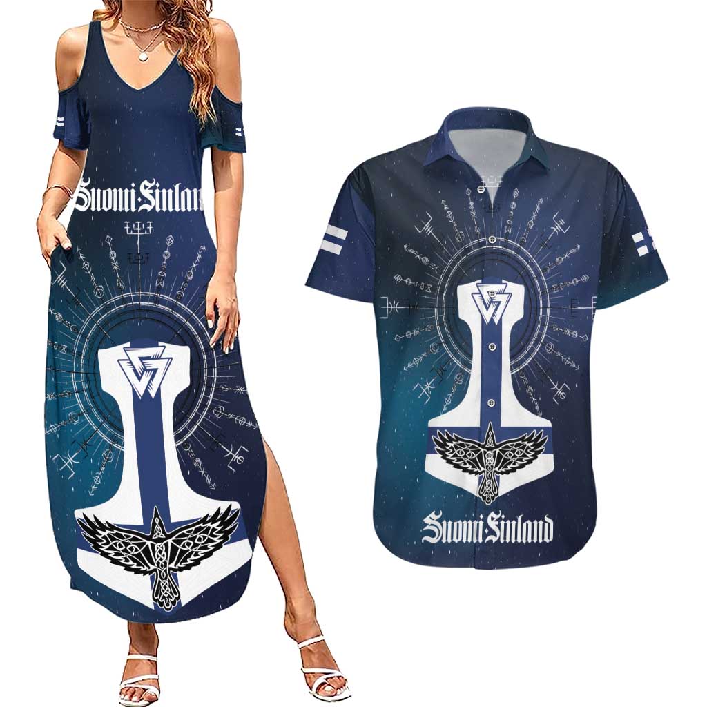 Personalized Finland Drakkar Vikings Couples Matching Summer Maxi Dress and Hawaiian Shirt Suomi Flag Viking Thor Runes