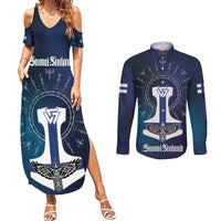 Personalized Finland Drakkar Vikings Couples Matching Summer Maxi Dress and Long Sleeve Button Shirt Suomi Flag Viking Thor Runes