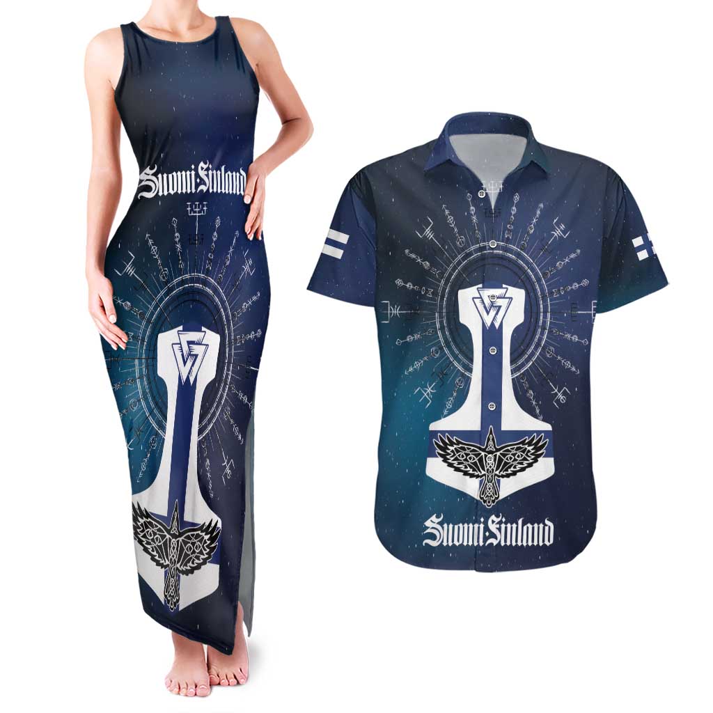 Personalized Finland Drakkar Vikings Couples Matching Tank Maxi Dress and Hawaiian Shirt Suomi Flag Viking Thor Runes