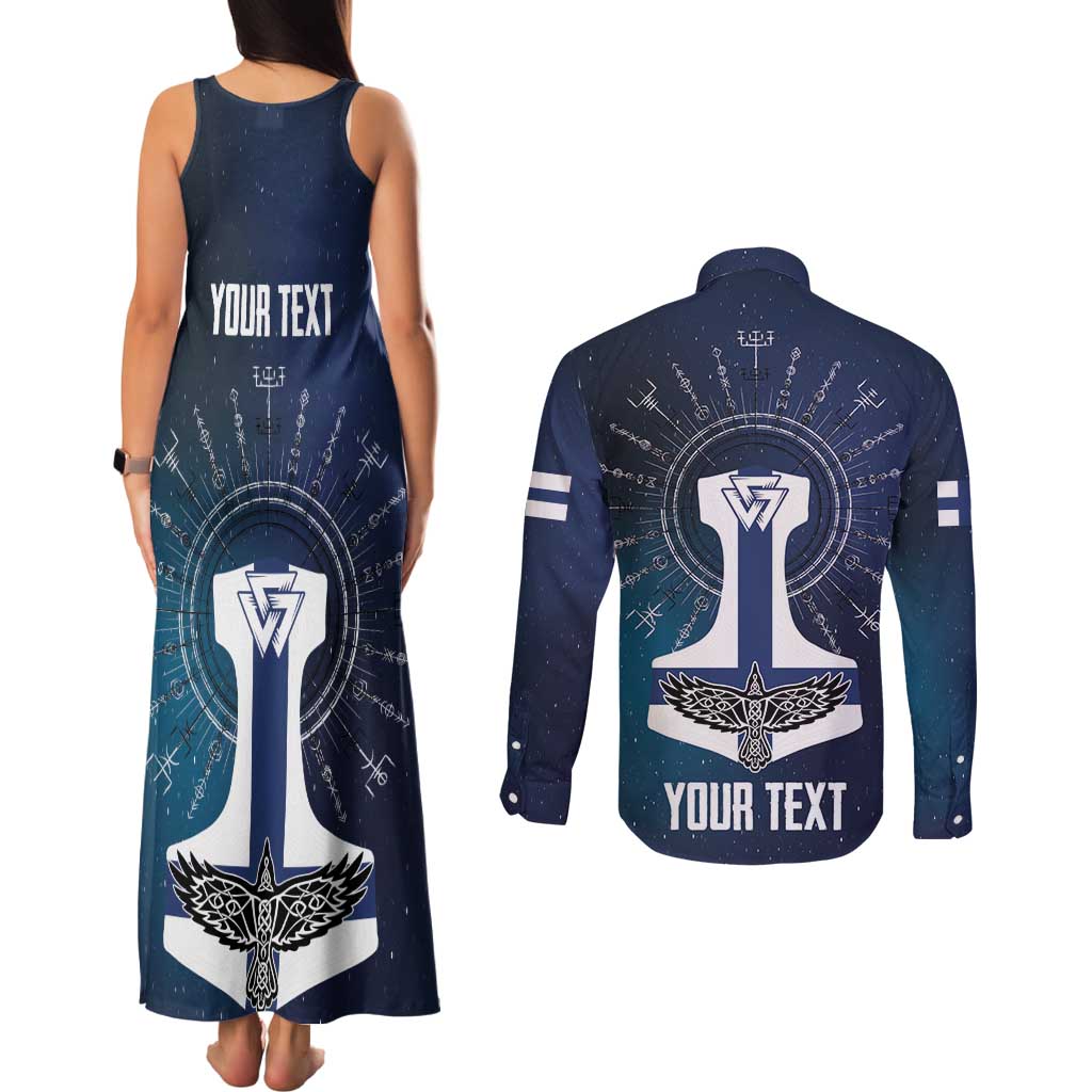 Personalized Finland Drakkar Vikings Couples Matching Tank Maxi Dress and Long Sleeve Button Shirt Suomi Flag Viking Thor Runes