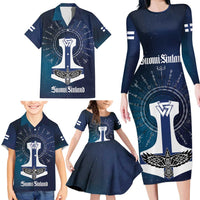Personalized Finland Drakkar Vikings Family Matching Long Sleeve Bodycon Dress and Hawaiian Shirt Suomi Flag Viking Thor Runes
