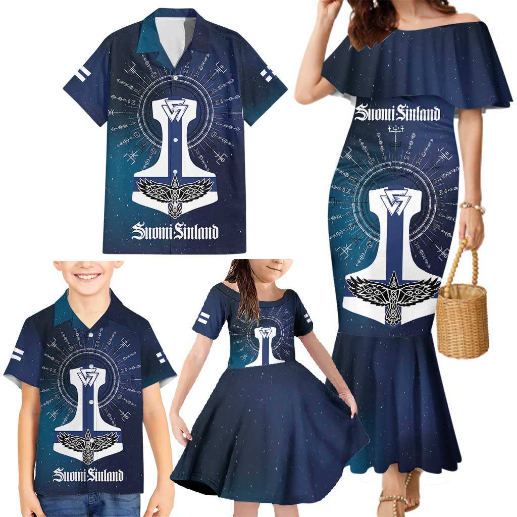 Personalized Finland Drakkar Vikings Family Matching Mermaid Dress and Hawaiian Shirt Suomi Flag Viking Thor Runes