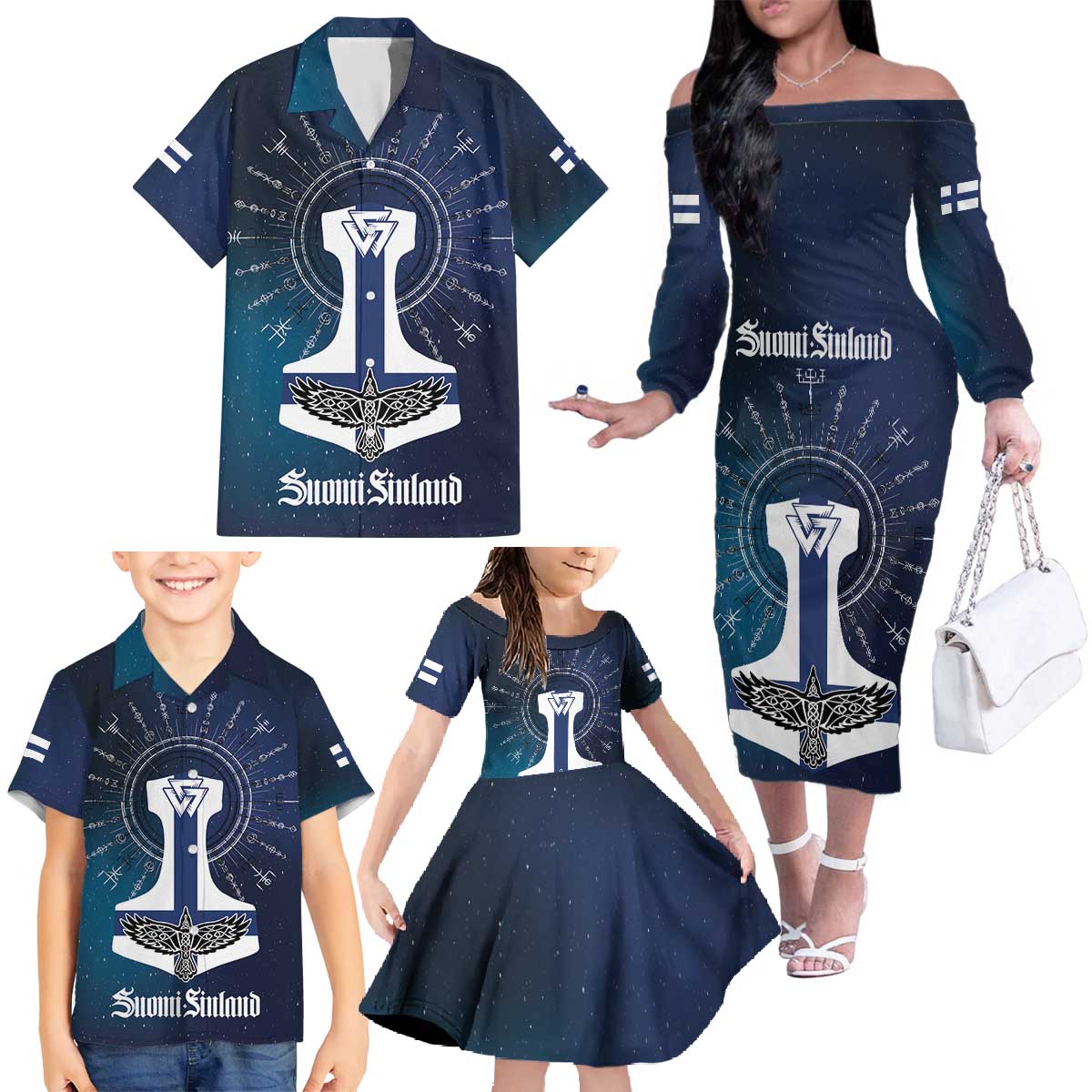 Personalized Finland Drakkar Vikings Family Matching Off The Shoulder Long Sleeve Dress and Hawaiian Shirt Suomi Flag Viking Thor Runes