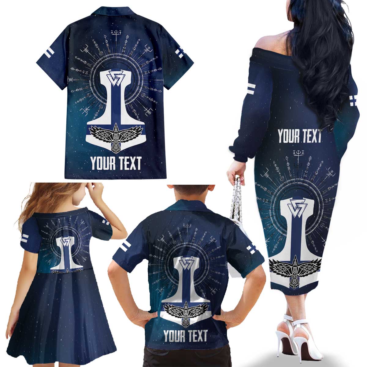 Personalized Finland Drakkar Vikings Family Matching Off The Shoulder Long Sleeve Dress and Hawaiian Shirt Suomi Flag Viking Thor Runes
