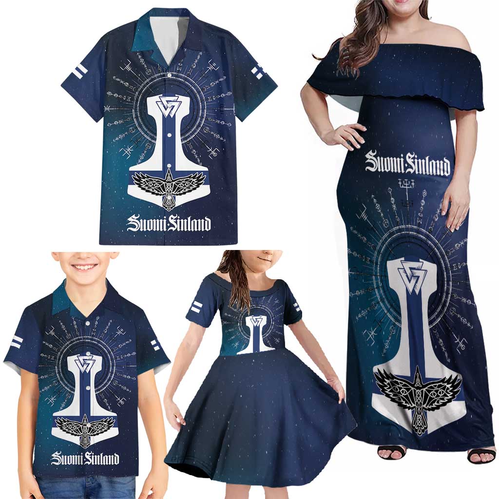 Personalized Finland Drakkar Vikings Family Matching Off Shoulder Maxi Dress and Hawaiian Shirt Suomi Flag Viking Thor Runes