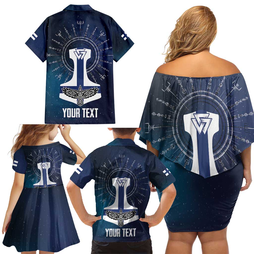Personalized Finland Drakkar Vikings Family Matching Off Shoulder Short Dress and Hawaiian Shirt Suomi Flag Viking Thor Runes